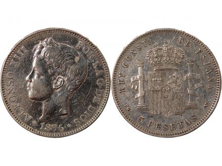 Espagne ESPAGNE, ALPHONSE XIII - 5 PESETAS ARGENT 3e PORTRAIT - 1896 MADRID