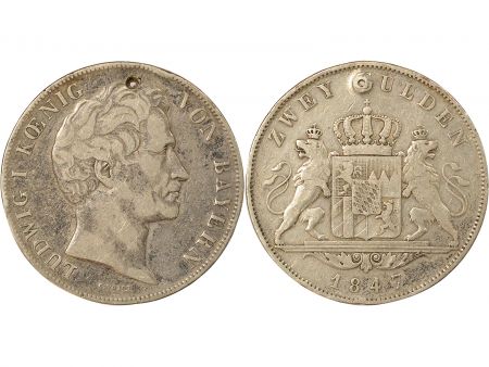 Etats Allemands (Bavière) Bavière, Louis I - 2 Gulden Argent - 1847 percé