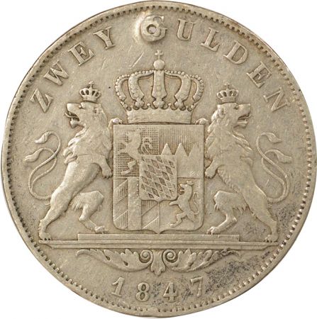 Etats Allemands (Bavière) Bavière, Louis I - 2 Gulden Argent - 1847 percé