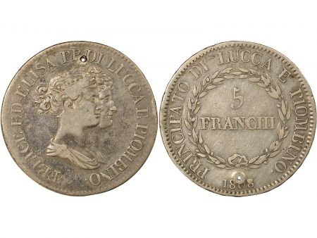 Etats Italiens Lucques et Piombino, Felix & Elise - 5 Franchi Argent - 1808 Florence, Percé