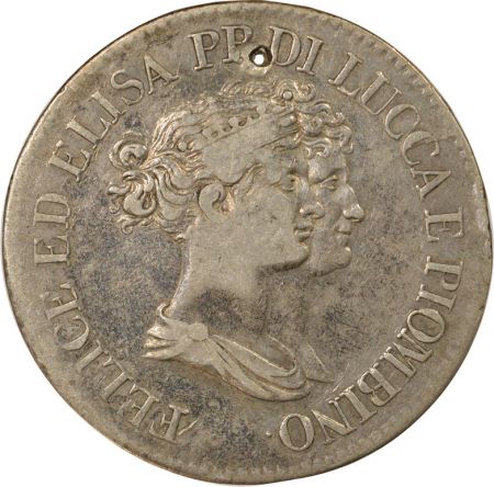 Etats Italiens Lucques et Piombino, Felix & Elise - 5 Franchi Argent - 1808 Florence, Percé