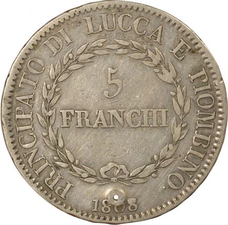 Etats Italiens Lucques et Piombino, Felix & Elise - 5 Franchi Argent - 1808 Florence, Percé