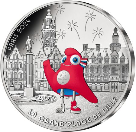 France - Monnaie de Paris La Grand\'Place de Lille - 10 Euros Argent Couleur 2024 (MDP) - La France accueille les Jeux - Mascotte