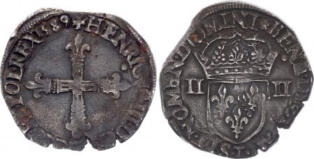 France 1/4 Ecu, Henri III - 1589 T Nantes - Argent