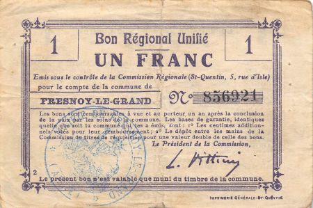 France 1 Franc - Bon régional unifié de l\'Aisne - Fresnoy-le-Grand - Première Guerre mondiale