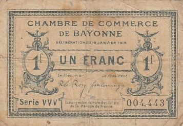 France 1 Franc - Chambre de commerce de Bayonne - 1915 - TB