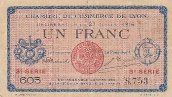 France 1 Franc - Chambre de commerce de Lyon - Série 605 - 1916 - TTB