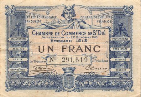 France 1 Franc - Chambre de Commerce de Saint-Dié - 1919