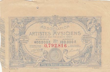 France 1 franc - Loterie Association des Musiciens- 1884 - TTB