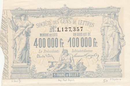 France 1 franc - Loterie société des gens de lettres - 1882-1883 - SUP