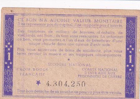 France 1 Franc Bon de Solidarité - 1941-1942 - Sans série *