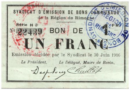 France 1 Franc Rimogne Commune - 1916