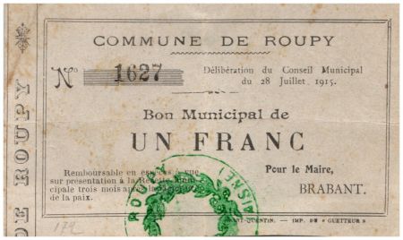 France 1 Franc Roupy Commune - 1915