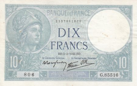 France 10 Francs Minerve - 05-03-1942 Série G.85516