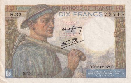 France 10 Francs Mineur - 26-11-1942 Série R.32 - TTB