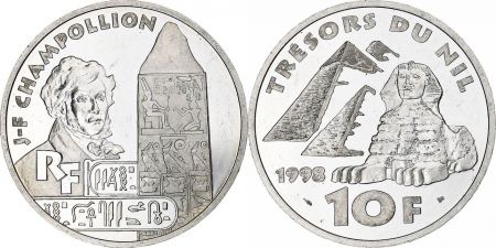 France 10 Francs Trésor du Nil : Champollion - 1998 - Argent - Avec boite et certificat - Frappe BE