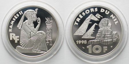 France 10 Francs Trésor du Nil : Ramses II - 1998 - Argent - Avec boite et certificat - Frappe BE