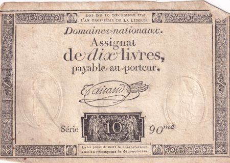 France 10 Livres Noir - Filigrane Fleur de Lys - (16-12-1791) - Sign. Taisaud - Série 90