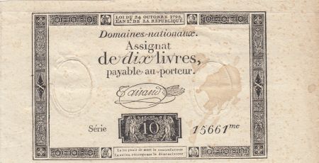 France 10 Livres Noir - Filigrane Fleur de Lys - (24-10-1792) - Sign. Taisaud - Série 15661