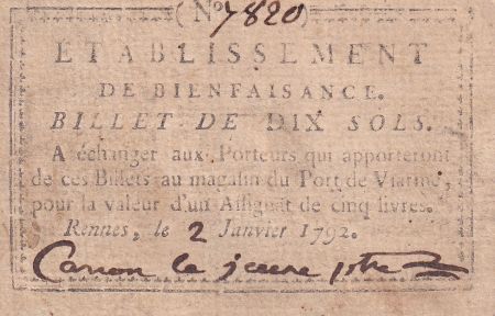 France 10 Sols - Ille et Vilaine - Rennes -  Établissement de Bienfaisance - Janvier 1792