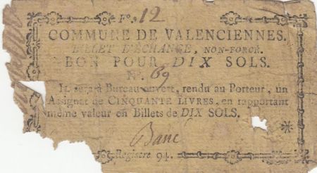 France 10 sols - Nord - Billet d\'échange non forcé - Commune de Valenciennes - ND