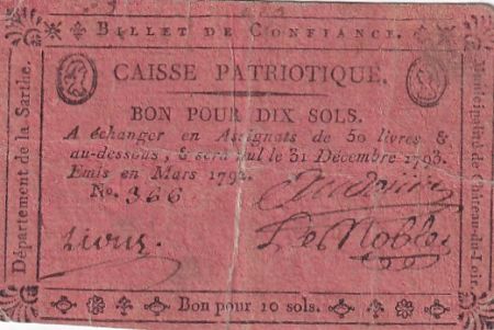 France 10 Sols - Sarthe - Municipalité de Château-du-Loir - 03-1792