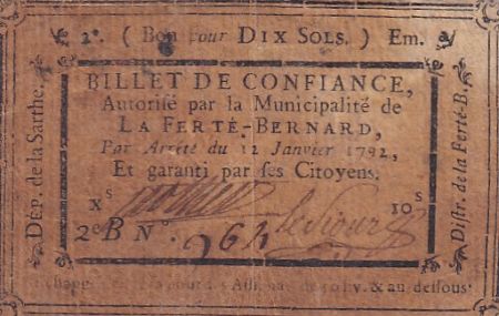 France 10 Sols - Sarthe - Municipalité de La-Ferté-Bernard - 12-01-1792