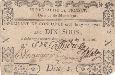 France 10 sous - Puy de dôme - Muncipality de Pionsat - 1792