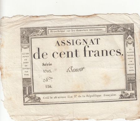 France 100 Francs - 18 Nivose An III - (07.01.1795) - Sign. Benoit - Série 1703