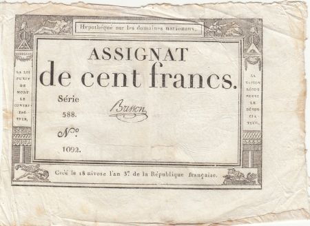 France 100 Francs - 18 Nivose An III - (07.01.1795) - Sign. Brisson - Série 588