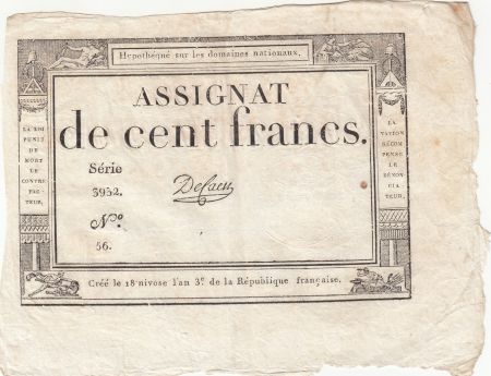 France 100 Francs - 18 Nivose An III - (07.01.1795) - Sign. De Caen - Série 3932