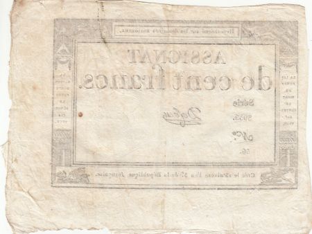 France 100 Francs - 18 Nivose An III - (07.01.1795) - Sign. De Caen - Série 3932