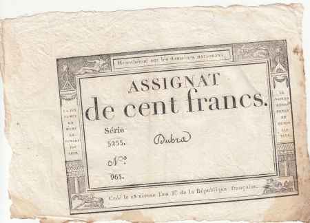 France 100 Francs - 18 Nivose An III - (07.01.1795) - Sign. Dubra - Série 5255