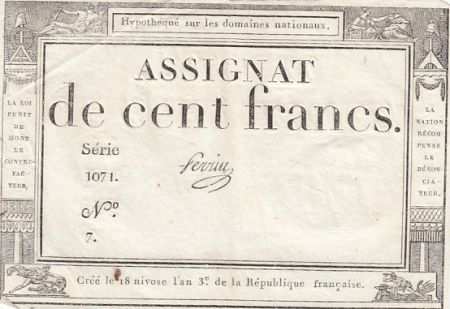 France 100 Francs - 18 Nivose An III - (07.01.1795) - Sign. Fere - Série 1071