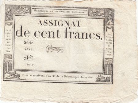 France 100 Francs - 18 Nivose An III - (07.01.1795) - Sign. Gautry - Série 5255