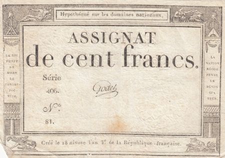 France 100 Francs - 18 Nivose An III - (07.01.1795) - Sign. Godet - Série 406