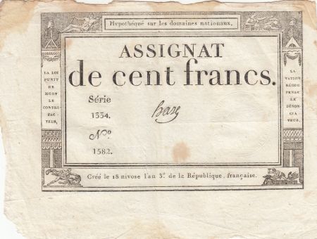 France 100 Francs - 18 Nivose An III - (07.01.1795) - Sign. Haze - Série 1334