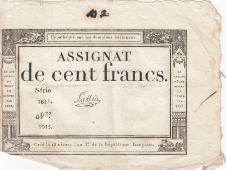 France 100 Francs - 18 Nivose An III - (07.01.1795) - Sign. Lassia - Série 1611