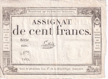 France 100 Francs - 18 Nivose An III - (07.01.1795) - Sign. Lassia - Série 1694