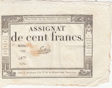 France 100 Francs - 18 Nivose An III - (07.01.1795) - Sign. Lassia - Série 729