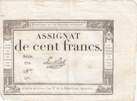 France 100 Francs - 18 Nivose An III - (07.01.1795) - Sign. Le noble  - Série 532