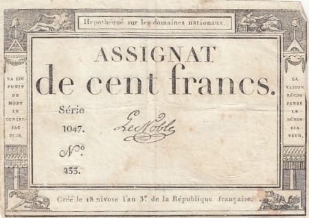 France 100 Francs - 18 Nivose An III - (07.01.1795) - Sign. Le Noble - Série 1047