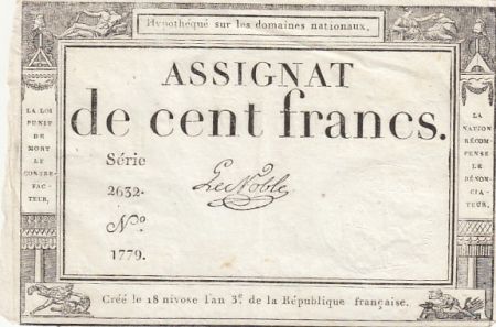 France 100 Francs - 18 Nivose An III - (07.01.1795) - Sign. Le Noble - Série 2632