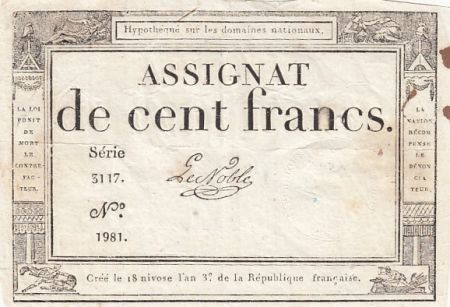 France 100 Francs - 18 Nivose An III - (07.01.1795) - Sign. Le Noble - Série 3117