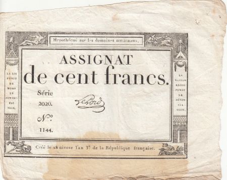 France 100 Francs - 18 Nivose An III - (07.01.1795) - Sign. Lehord - Série 2020