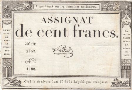 France 100 Francs - 18 Nivose An III - (07.01.1795) - Sign. Lehord - Série 2162