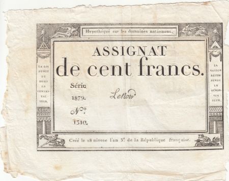 France 100 Francs - 18 Nivose An III - (07.01.1795) - Sign. Lenoir - Série 1879