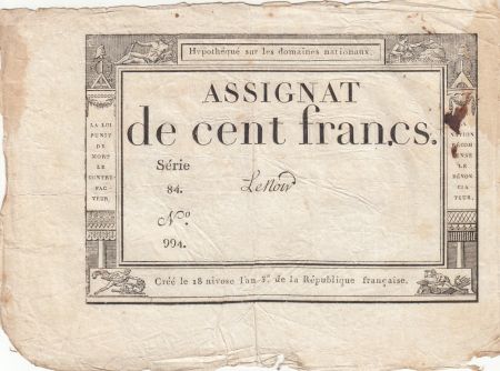 France 100 Francs - 18 Nivose An III - (07.01.1795) - Sign. Lenoir - Série 84