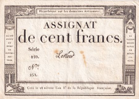 France 100 Francs - 18 Nivose An III - (07.01.1795) - Sign. Lenoir - Série 859