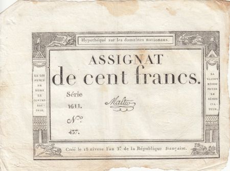 France 100 Francs - 18 Nivose An III - (07.01.1795) - Sign. Malter - Série 1611